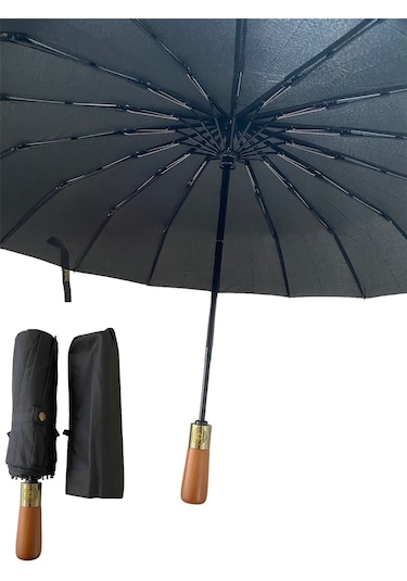 Yüksek Kaliteli Ahşap Saplı Şemsiye Otomatik Rüzgarda Kırılmaz Siyah