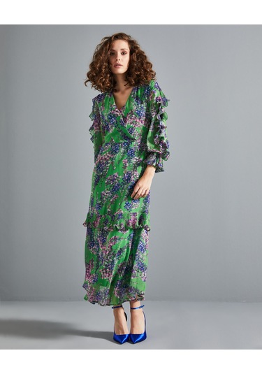 Çiçek Desenli Kadın Elbise - Katlı Etek Detaylı - Fırfırlı Kol - V Yaka - Modern Ve Şık Tasarım - Günlük Ve Özel Gün İçin Elbise Yeşil