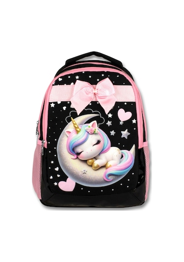 Cennec 5060 Uykucu Unicorn - Siyah Pembe - Kız Çocuk Okul Çantası - Kurdela Detaylı Siyah - Pembe
