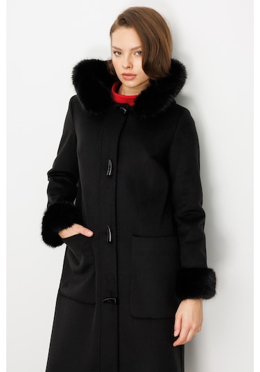 Ekol Kadın Yakası Ve Kolları Kürklü Kaşe Kaban 6055 Siyah Siyah