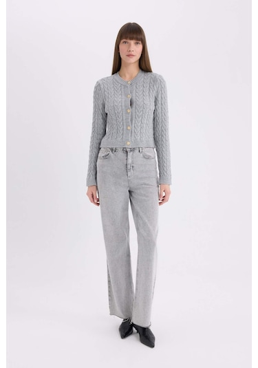 DeFacto Regular Fit Bisiklet Yaka Saç Örgülü Düğmeli Hırka C9044AX25SPGR400 Gri