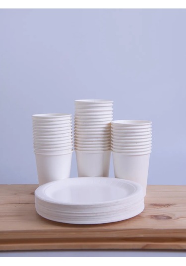 Mideko 50 Tabak + 50 Bardaklı Tek Kullanımlık Sofra Seti 300260369 Beyaz