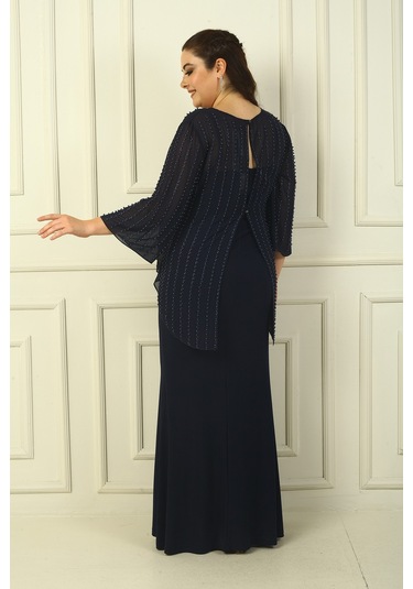 İçi İp Askılı Astarlı Uzun Sandy Elbise Arkası Düğmeli Boncuklu Şifon Bluz Büyük Beden 2'li Takım Lacivert