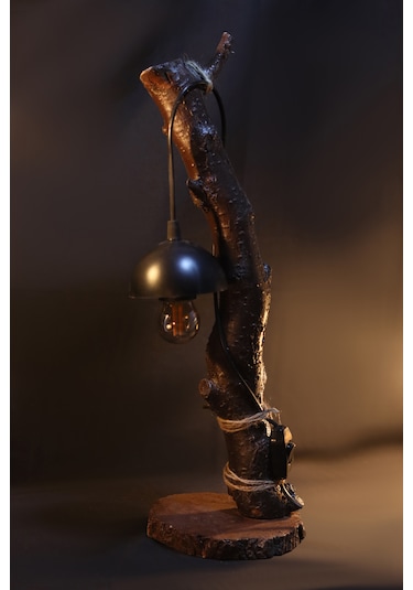 Celestia Home Otantik  İskandinav El Yapımı Doğal Ağaç Ahşap Rustik Aydınlatma Abajur Masa Lambası Ahşap