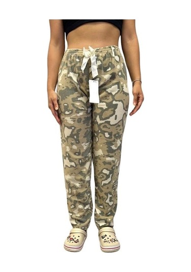 Kadın Desenli Yumuşak Polar Kışlık Pijama Eşofman Tek Alt Haki