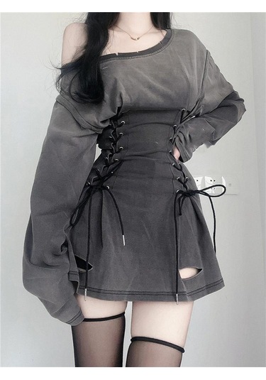 Yeni Fairycore Grunge Goth Korse Elbise Kadın Estetik Harajuku Streetwear Bandaj Ince Bodycon Elbise Y2k 90s Bağımsız Giysiler Koyu Gri