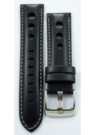 Bizon Siyah Deri Saat Kordonu 24Mm Beyaz Dikişli Delikli Kayışı S