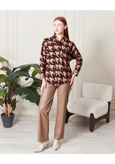 Bw Best Woman Kapüşonlu Oversıze Pera Gömlek-kahverengi Desenli Kahverengi