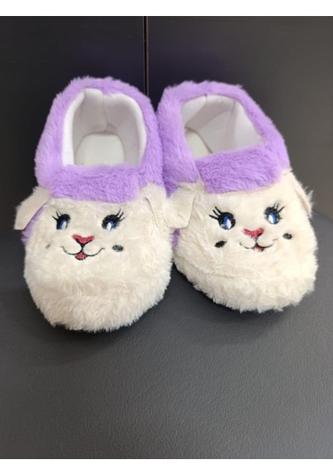Çocuk Kaydırmaz Taban Panduf Pamuk Astarlı, Kedi Figürlü Çok Amaçlı Okul, Kreş Patiği, Ev Patiği Lila