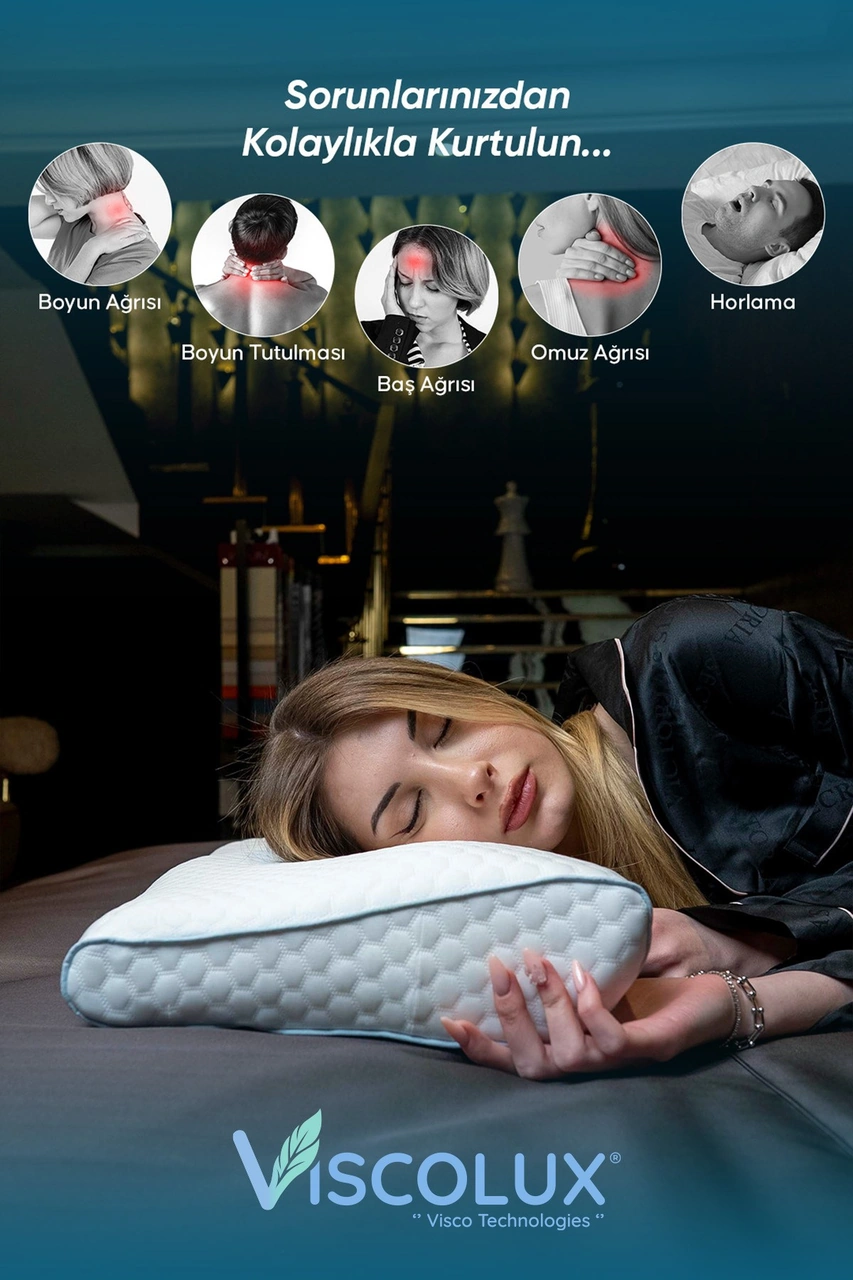 Servikal Boyun Destekli Ortopedik Yastık - Boyun Düzleşmesi Visco Yastık 56x34x10,5 Mavi