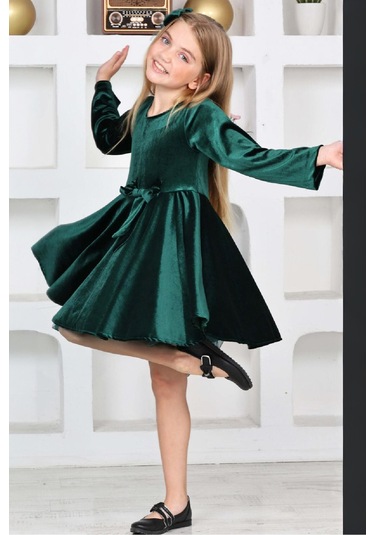 Kız Çocuk Kadife Elbise-içi Tüllü Ve Fiyonk Süslemeli 7-12 Yaş 12427 Petrol Yeşili