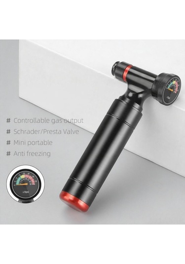 Vkemall Bisiklet İçin Co2 Şişirici - Presta Ve Schrader Valfler İçin Uyumlu - Basınç Ölçerli - Taşınabilir - Siyah Gaz Silindiri Dahil Değil