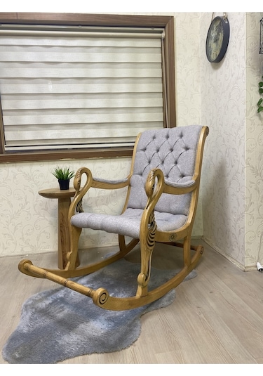 Asedia Vintage Kuğu Naturel Taş Rengi El Oyması Ahşap Sallanan Sandalye Dinlenme Koltuğu