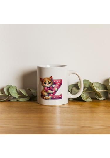Z Harfli Bardak, Sevimli Kedili Pembe Tasarım Bardak, Arkadaşa Aileye Hediye Porselen Beyaz