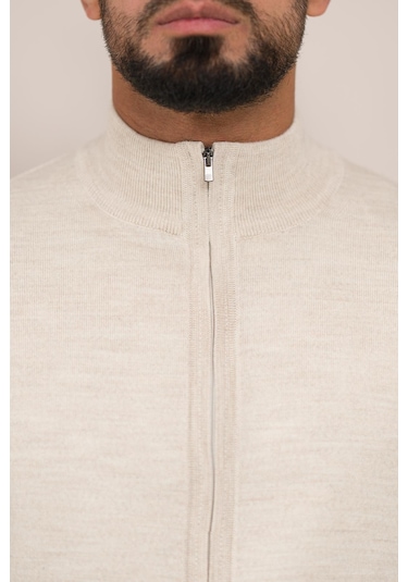 Woolen World Regular Fit Dik Yaka İnce Baharlık Triko Hırka Krem