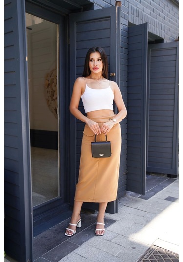 Uzun Düğmeli Etek Bej