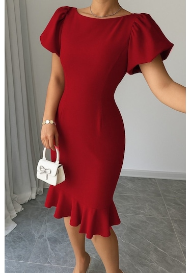 Ahes Shopping Kadın Kısa Kollu Yuvarlak Yaka Pileli Janjan Krep Elbise Kırmızı