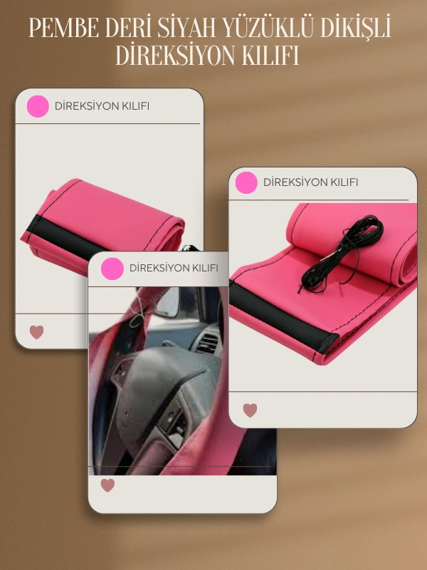 Renault Latitude Pembe Yerli Üretim Suni Deri Siyah Yüzüklü Dikişli Direksiyon Kılıfı Çok Renkli