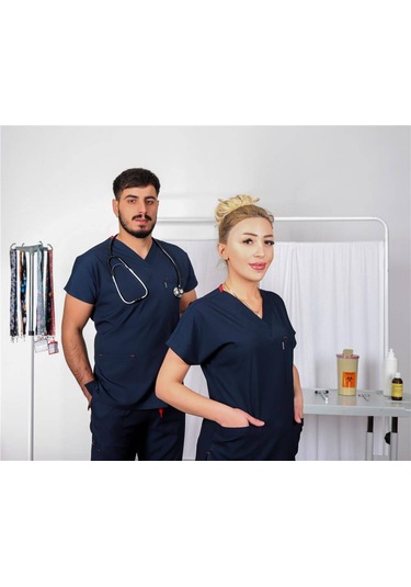 Likralı Cerrahi Forma Unisex Hemşire Doktor Sağlıkçı Forması Scrubs Üniforma Koyu Lacivert