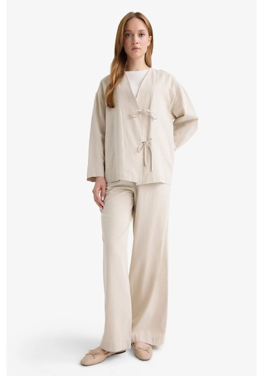 Defacto Regular Fit V Yaka Keten Karışımlı Kimono F7958ax25aubg702 Bej