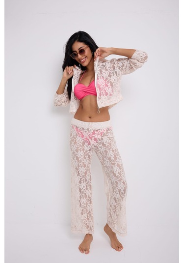 Kapuşonlu Dantel Bluz Ekru