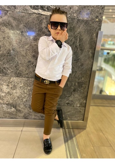 Modavals Erkek Çocuk 3 Parça Gabardin Pantolon & Gömlek & Kemer Kombin-beyaz-745236982 Taba