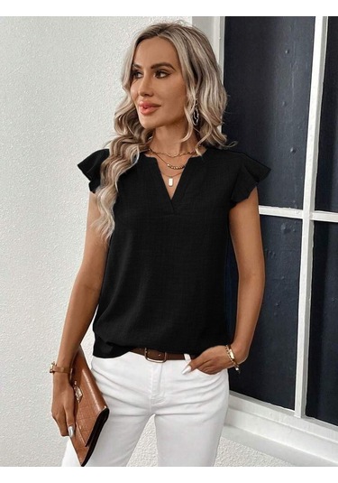 Munn Collection Kadın Kısa Kelebek Kollu V Yakalı Bluz Siyah