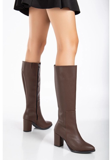 Beyaz Reyna Topuklu Fermuarlı Kadın Çizme Kahve Kahve