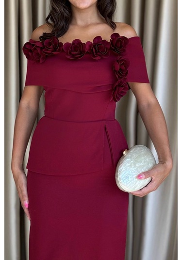 Vivenza Gül Detaylı Omuz Açık Kayık Yaka Uzun Bordo Abiye Elbise, Nişan Ve Düğün Zarafeti Bordo
