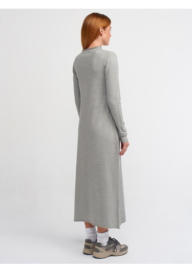 Dilvin Dik Yaka Önü Yırtmaçlı Triko Elbise Gri