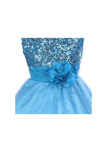 Kız Çocuk Pullu Payetli Abiye Elbise-Turkuaz