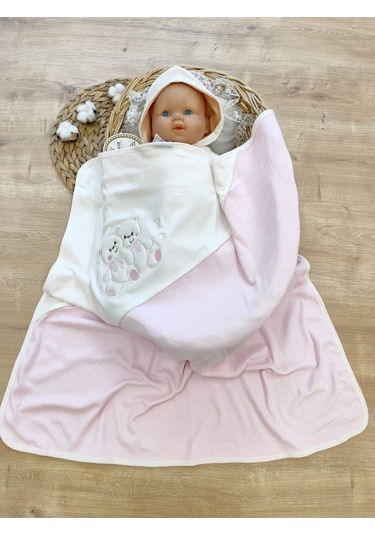 %100 Pamuklu & Mevsimlik Bebek Battaniyesi - Kahverengi & Ayıcık Nakışlı Bebek Örtüsü 80x90 Cm Pembe