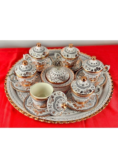 6lı Bakır Yuvarlak Fincan Takımı Ve Lokumluk,yuvarlak Tepsi
