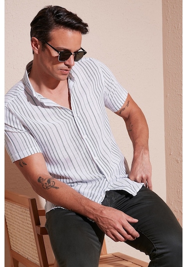 Buratti Çizgili Pamuklu Slim Fit Kısa Kollu Erkek Gömlek Cf23S116097 Beyaz-Yeşil