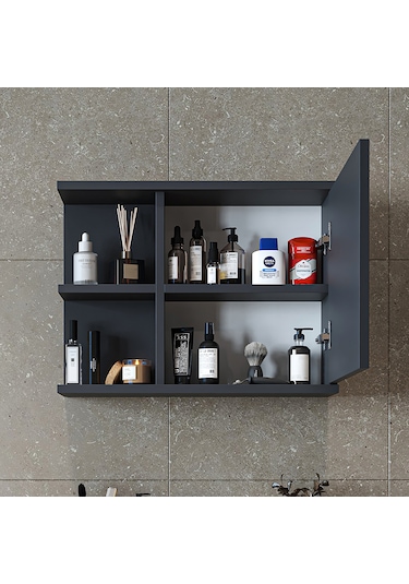 Kulpsuz Tek Kapaklı Mat Suntalam 60 Cm Aynalı Banyo Üst Dolap Ant Antrasit