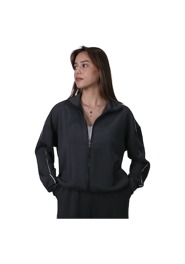 Kadın Modal Kumaş Kontrast Detaylı Rahat Kalıp Antrasit Ceket Hırka Antrasit