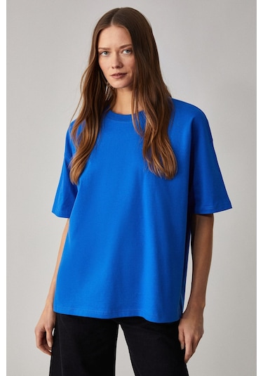 GRIMELANGE Lagertha Kadın %100 Organik Pamuklu Kalın Dokulu Oversize Fit Yuvarlak Yakalı Mavi T-shirt Mavi
