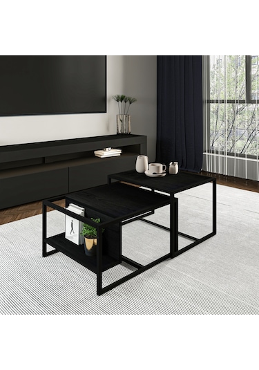 Batı 2 Li Modern Orta Sehpa Takımı Metal Ayaklı, Alt Raflı Siyah