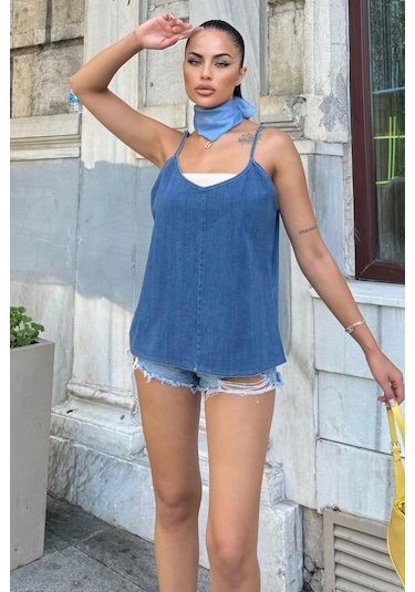 WeShaya Mavi V Yaka Askılı Kot Bluz Mavi