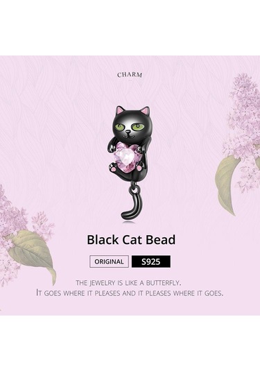 Wostu 925 Ayar Gümüş Sevimli Küçük Siyah Kedi Takılar Boncuk Pembe Kalp Zirkon Kadınlar İçin Fit Orijinal Dıy Bilezik Takı Hediyeler Siyah - Gümüş