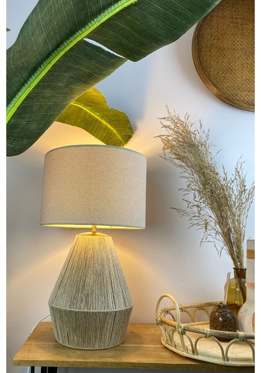 Buldan Bezi Başlıklı El Yapımı Jüt Abajur Koyu Krem