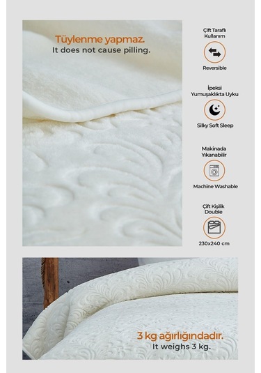 Evlen Home 3 Kg Embos Baskılı Pamela Kalın Çift Kişilik Battaniye 230x240 Cm Krem Krem