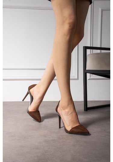 Shoetek Layla Stiletto Şeffaf İnce Topuklu Kahverengi Süet Kahve Süet