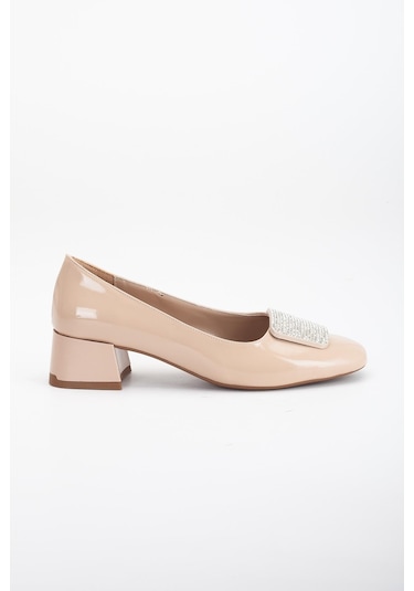 Büyük Numara Rugan Kare Taşlı Ten Kadın Kısa Topuklu Ayakkabı-3148-ten Ten