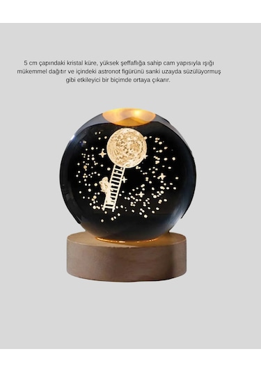 3d Astronot Kristal Küre Gece Lambası Usb Ahşap Standlı Dekoratif Işık