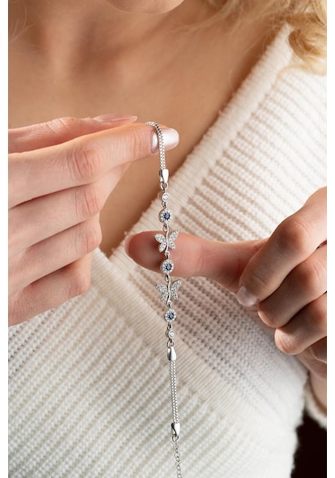 Nereze 925 Ayar Gümüş Çift Kelebek Mavi Taş Detaylı Bileklik