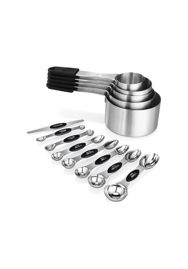 Gajeena Magnetik Paslanmaz Çelik Ölçü Kupa Ve Kaşık Seti 5 Kupa + 8 Çift Taraflı Kaşık + Düzeltici - 13 Parça Tam Ölçüm Aleti Gümüş