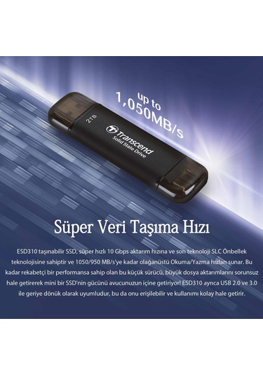 Transcend TS2TESD310C 2 TB External SSD ESD310C USB 10Gbps  Type C/A Taşınabilir Disk