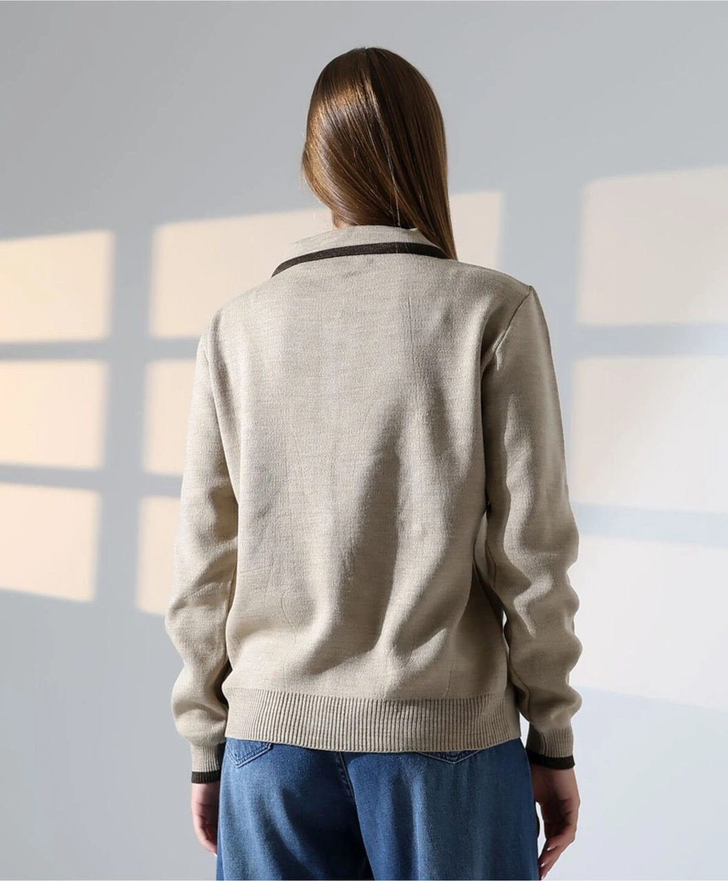 Baklava Desen Polo Yaka Kadın Kazak Vizon