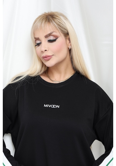 Kadın Büyük Beden Uzun Kollu Şerit Detaylı Oysho Tarzı Modal Kumaş Takım Siyah